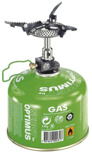 Lightweight stove connected to Optimus Gas canister 