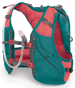 Women's Osprey Dyna 6 racevest with chest connector straps and hydration mouthpiece visible 