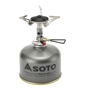 Soto MicroRegular Stove attached to gas canister ready to use
