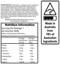 Load image into Gallery viewer, Campers Pantry Moroccan Pork meal nutritional information