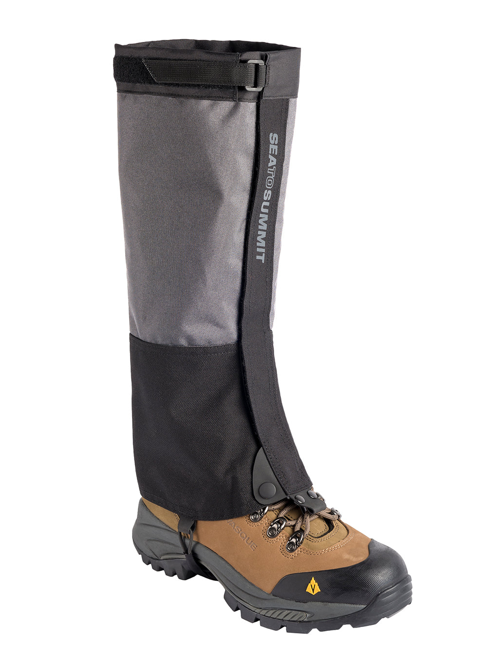 Canvas gaiters positioned correctly over shoe