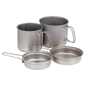 Snow Peak 2 pot sets showing lids can be used as frypans or bowls